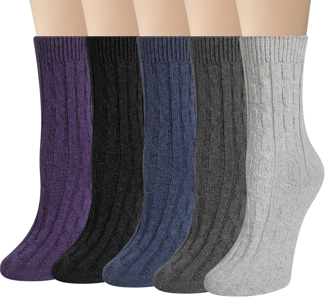 Loritta Pack of 5 Womens Wool Socks Winter Warm Thick Knit Soft Vintage Casual Crew Boot Socks Gifts