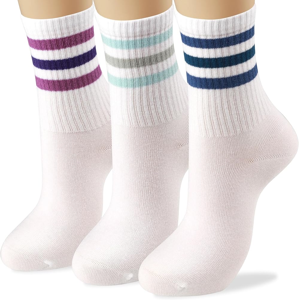 COTTON DAY Womens Soft Cotton White Athletic Crew Socks With Retro Stripes