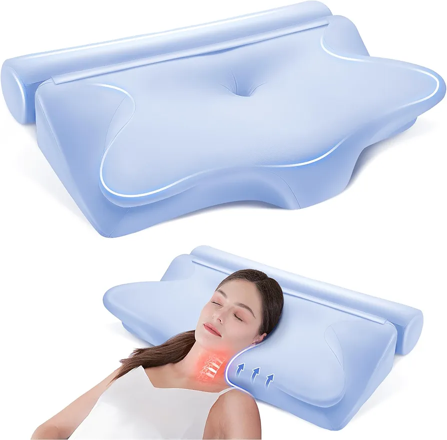 2-in-1 Cervical Neck Pillow for Neck Pain Relief, Memory Foam Pillows, Contour Pillow with Cooling Pillowcase for Side Sleepers, Removable Round Pillow for Back Lumbar Support Neck Traction