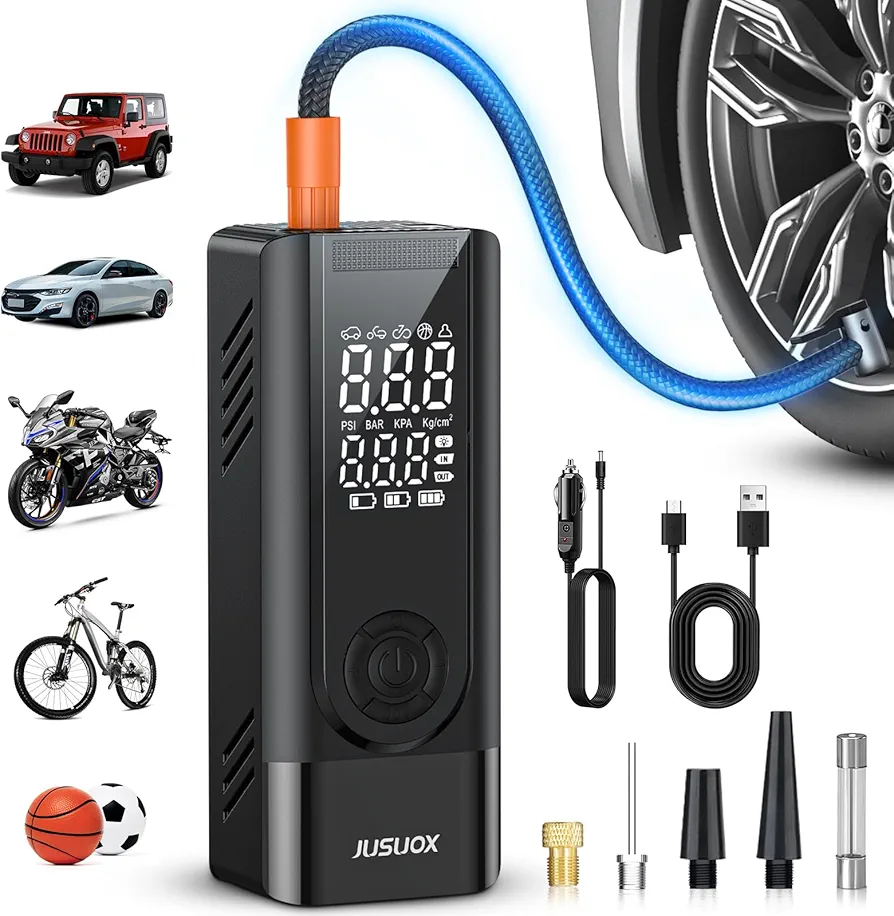 Tire Inflator Portable Air Compressor, 150PSI Cordless Air Pump for Car Tires, Battery & 12V DC Dual Power Electric Bike Tire Pump with Digital Pressure Gauge, LED Light, for Motorcycle, Ball