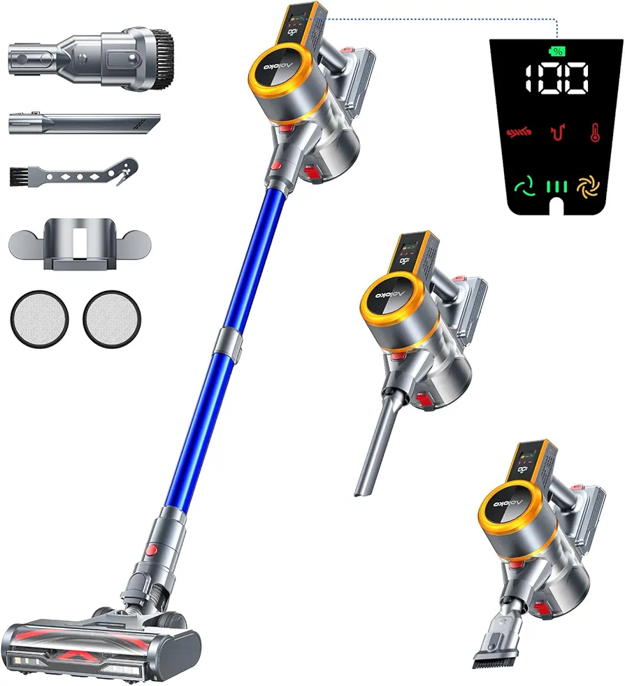 Cordless Vacuum Cleaner, 550W/45KPA 60Mins Runtime Vacuum Cleaners for Home with LED Display,Self-Standing Anti-Tangle Stick Vacuum Cleaner,1.5L Dust Cup Vacuum for Pet Hair, Carpet, Hard Floors