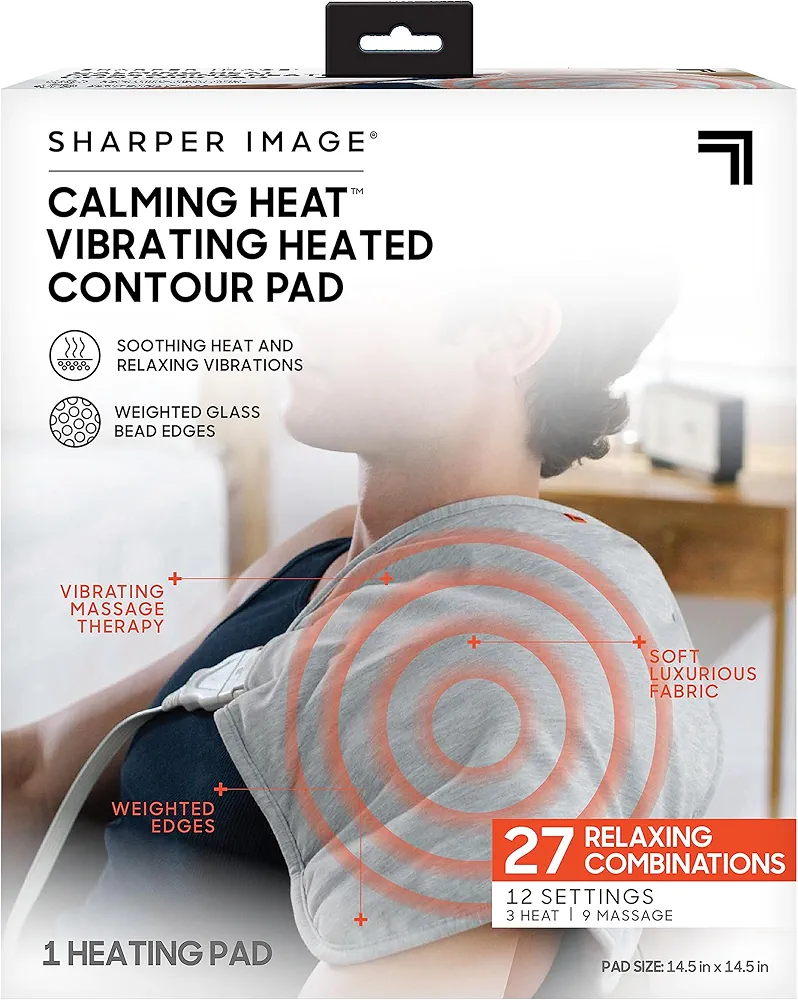 Calming Heat Vibrating Heating Contour Pad by Sharper Image- Weighted Electric Heating Pad with Massaging Vibrations, 12 Settings- 3 Heat, 9 Massage- 27 Relaxing Combinations, 14.5” x 14.5”, 4 lbs