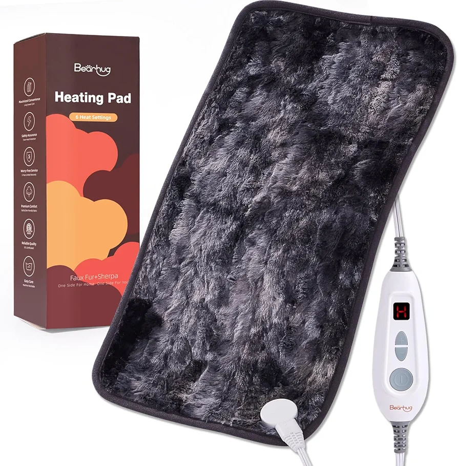 Bearhug Electric Heating Pad Heated Pads 12''x24'' Heat Pad for Back Body Muscle Relief 6 Adjustable Heat Settings 2H Auto-Off Machine Washable Soft Double-Sided Faux Fur Gift Box for Women/Man