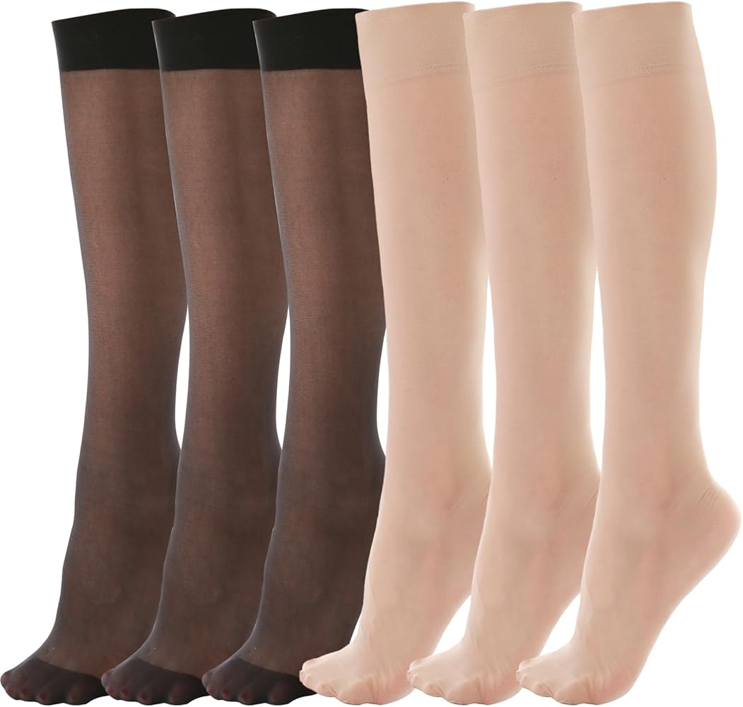 6 Pairs Knee High Stockings for Women, 20 Denier Nylon Sheer Socks with Reinforced Toes Black Nude One Size