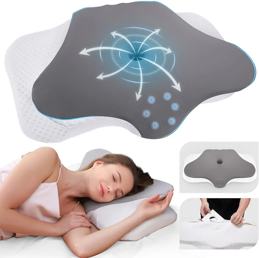 Cervical Neck Pillow for Sleeping, Height Adjustable Ergonomic Pillow Cozy Sleeping, Medium-Firm Memory Foam Pillows, Contour Bed Pillow for Side Back Stomach Sleepers, Light Grey (Queen Size)