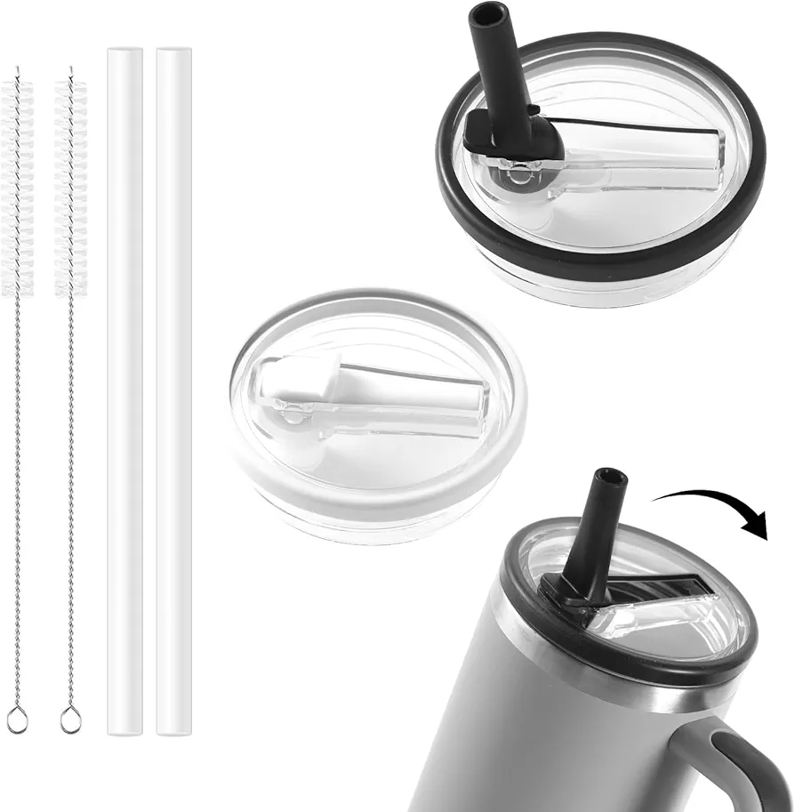 40 oz Tumbler Flip Straw Lid Compatible with Stanley Cup Leak-Proof Splash Resistant Tumbler Top Replacement Reusable Tumbler Cover (Black+White, 2 PACK)