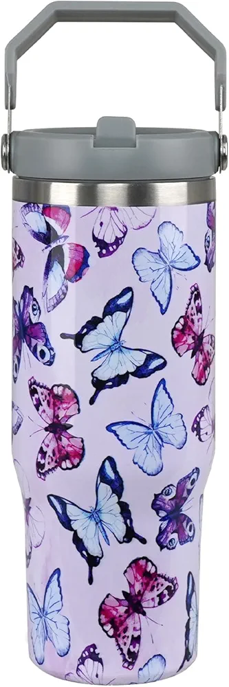 Butterfly Gifts for Women 30 oz Butterfly Tumbler with Handle Butterfly Cup Insulated Tumblers with Flip Straw and Top Handle Stainless Steel 30 oz Coffee Mug