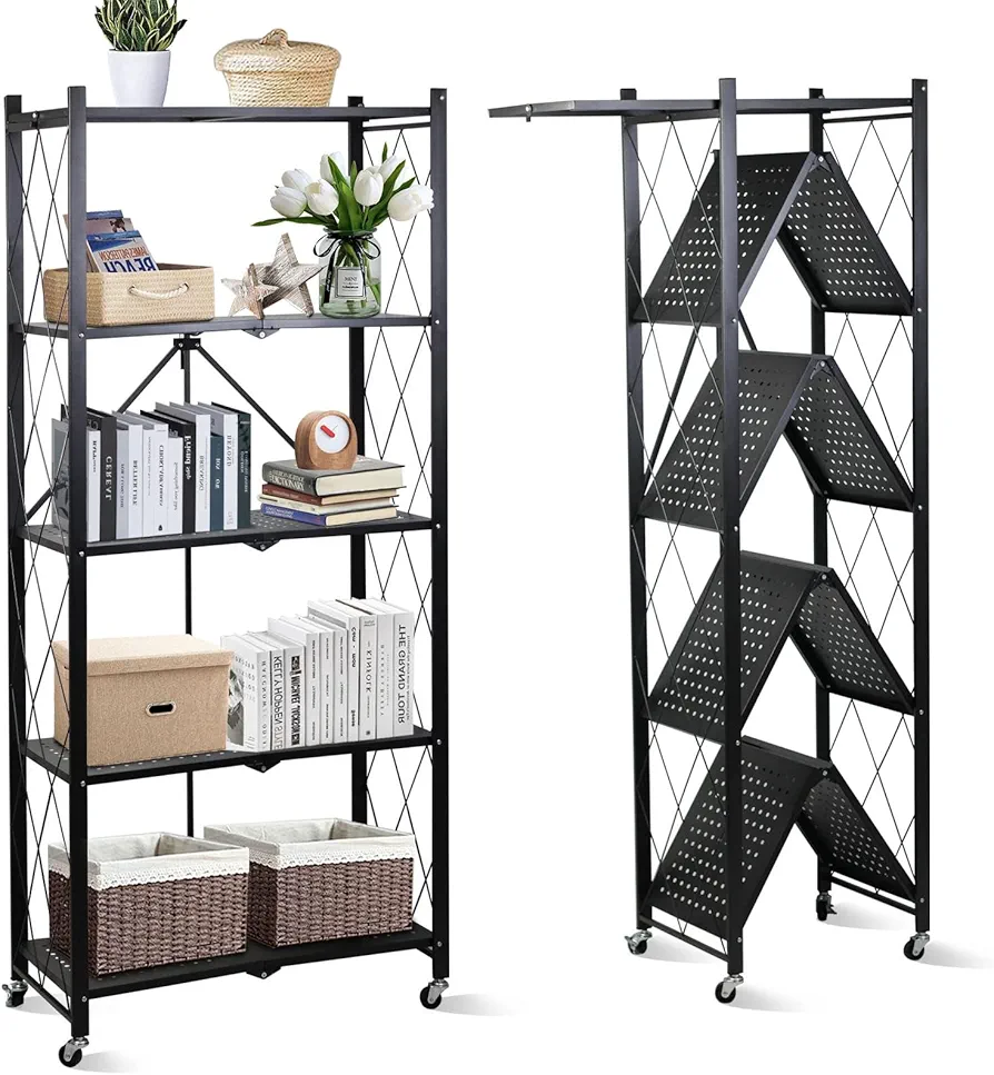 5 Tier Storage Shelf with Wheels - Metal Collapsible Shelving Unit Display, Heavy Duty Folding Shelves, No Assembly Organizer Rack for Garage Kitchen, Basement, Pantry (Black, 5 Tier)