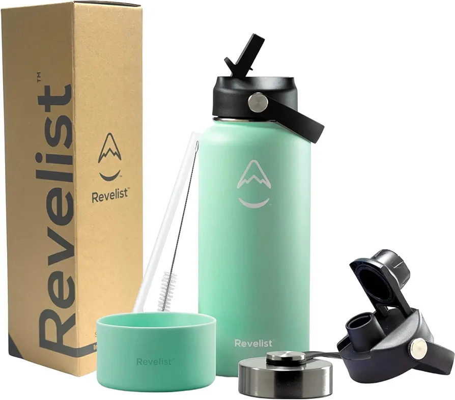 Revelist Sports Water Bottle - 32 Oz, 3 Lids (Straw Lid, Spout & Screw Top) with Boot, Vacuum Insulated Stainless Steel, Double Walled, Reusable Water Flask, Metal Canteen - Cool Mint Green