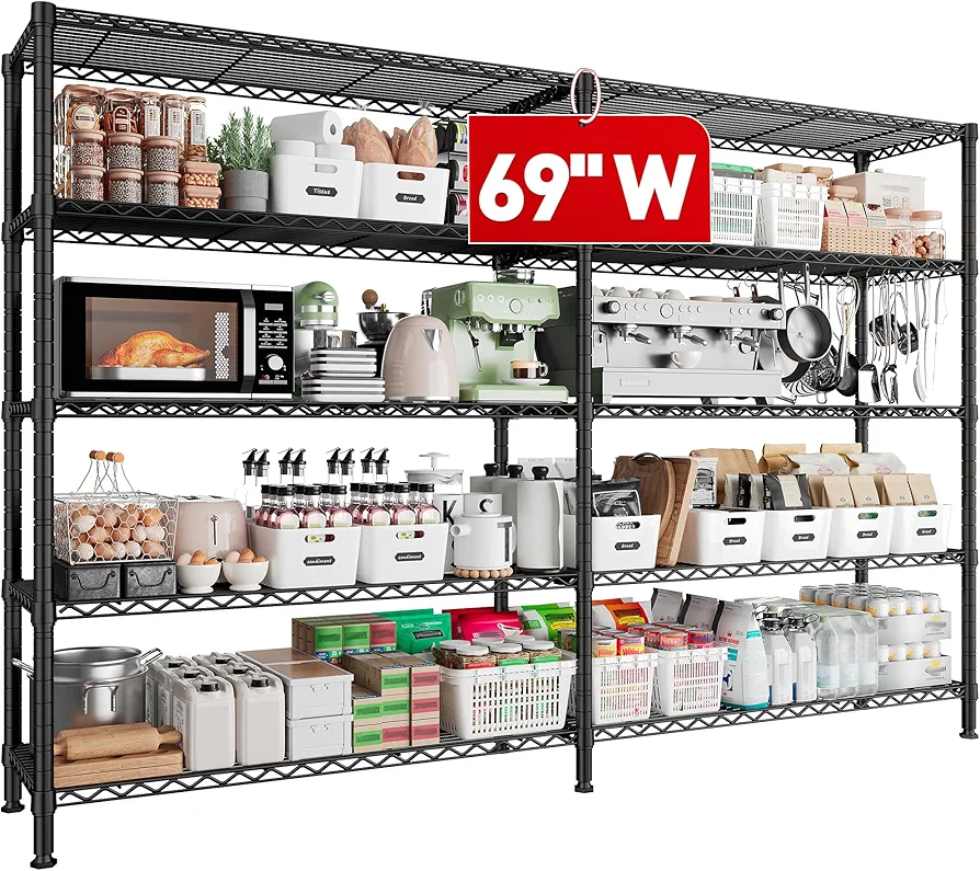 REIBII 69" W Storage Shelves Heavy Duty Load 1600LB,Garage Shelving 5-Tier Wire Shelving Unit Metal Shelves for Storage Adjustable Shelving Rack for Pantry Kitchen Bathroom 69" Wx15.75 Dx72.5 H