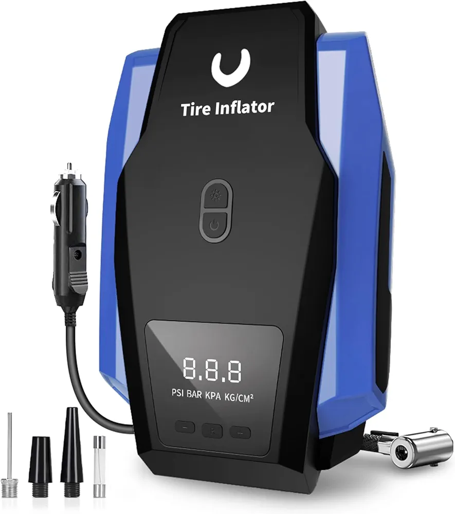 Tire Inflator Portable Air Compressor - Air Pump for Car Tires - 12V DC Compact Tire Pump with Auto Shutoff Function - Multipurpose Car Accessory with LED Light, Blue, Large