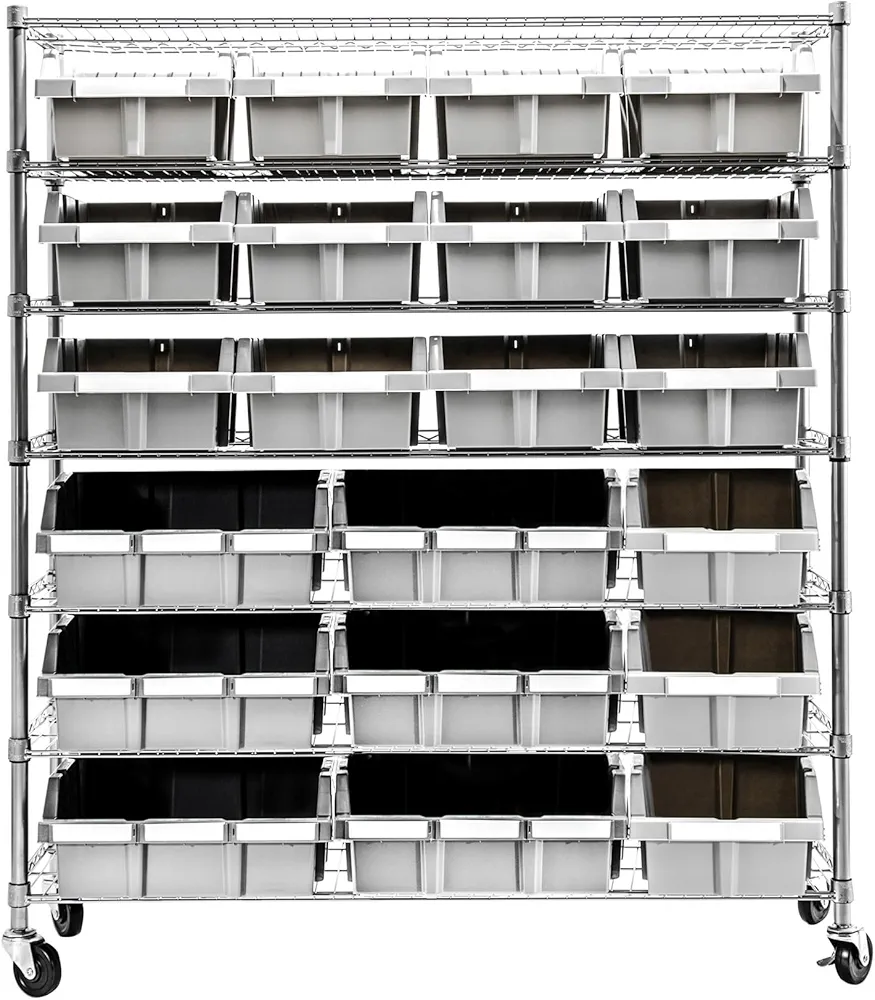 Seville Classics Heavy Duty NSF Bin Rack Solid Steel Wire Shelving Storage Unit, Patented Organizer for Garage, Warehouse, Office, Restaurant, Classroom, Kitchen, Gray, Includes 21 Bins