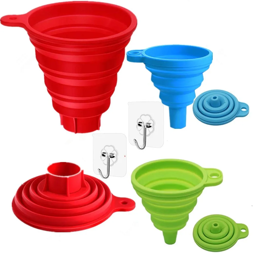 funnels for Filling Bottles, Canning Funnel, Kitchen funnels Set of 3 Flexible Silicone Foldable Kitchen Funnel for Liquid Food and Powder Transfer(1canning Funnel 2small Funnel 2hook up）