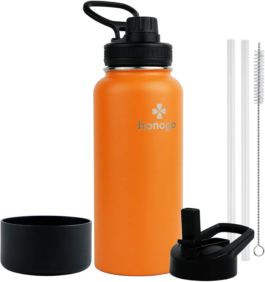 32 oz Powder Coated Double Wall Vacuum Insulated Sports Water Bottle, 18/8 Stainless Steel Wide Mouth Thermos Flask with Straw Lid & Spout Lid, Leak Proof, Sweat Free, BPA Free (Orange, 32 oz)