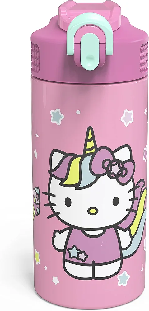 zak! Hello Kitty - Stainless Steel Vacuum Insulated Water Bottle - 14 oz - Durable & Leak Proof - Flip-Up Straw Spout & Built-In Carrying Loop - BPA Free