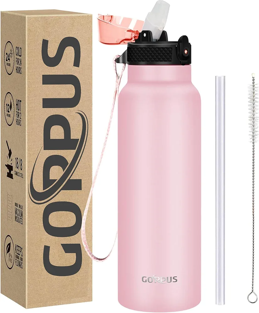 GOPPUS 24 oz Insulated Double Wall Vacuum Water Bottle With Straw Stainless Steel Sports Water Cup Leakproof Wide Mouth Resusable Water bottles for Kids Men Women Pink-1 Lid