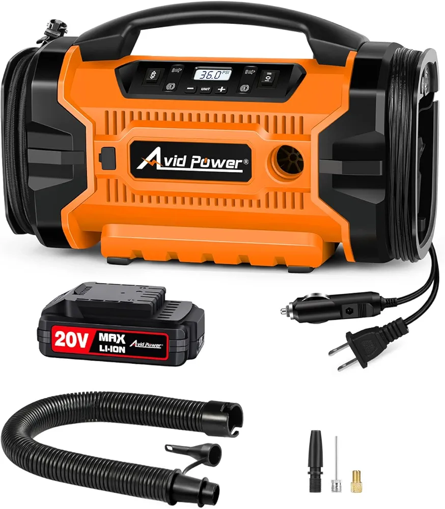 Tire Inflator Air compressor Portable w/ 3 Power Source (110V AC, 12V DC, 20V Battery), Car Tire Pump w/Inflation & Deflation Modes, Triple Power Tire Inflator w/Dual Powerful Motors (Orange)