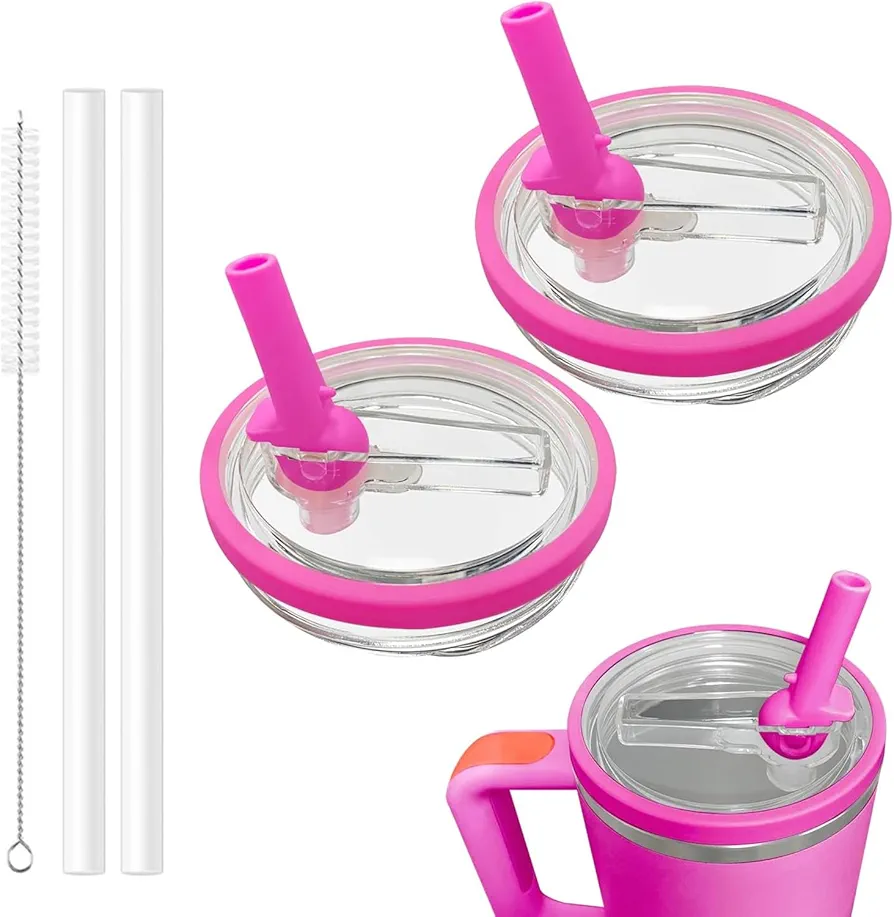 2 Pack 40 oz Tumbler Flip Straw Lid Replacement fit for Stanley Quencher, Spill Proof Tumbler Cover for Stanley Cup with 2pcs Straws and 1pcs Cleaning Brush (Hot Pink)