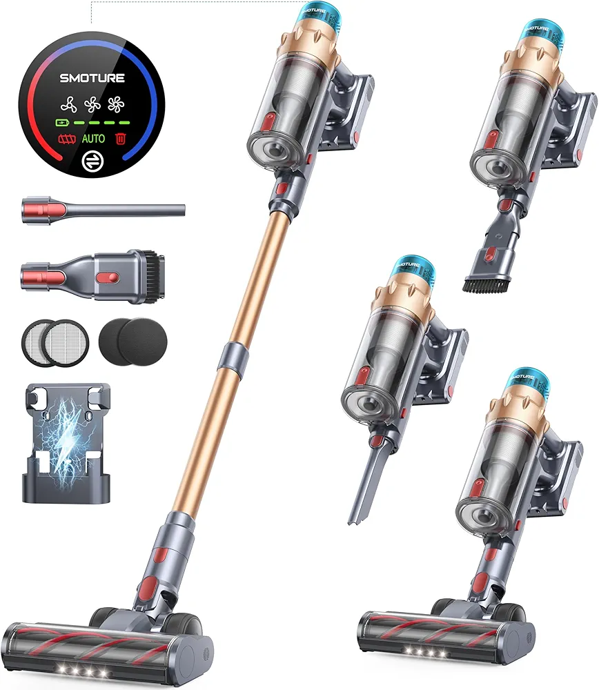 Cordless Vacuum Cleaner, 550W 45KPA 60 Mins Runtime Self-Standing Vacuum Cleaners for Home, Stick Vacuum with Charging Dock Station Removable Battery, Handheld Vacuum for Pet Hair/Carpet/Floor