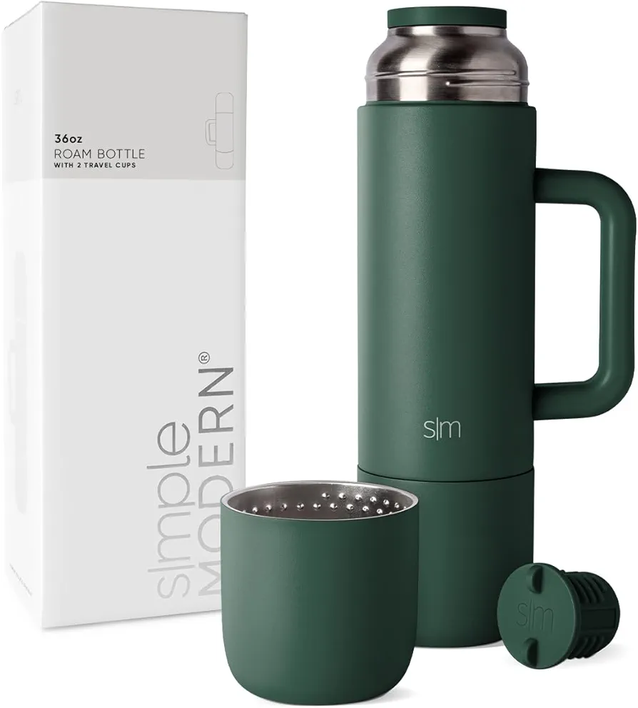 Simple Modern 36oz Insulated Hot Beverage Bottle with 2 Mugs | Travel Coffee Thermos for Hot Drinks | Twist and Pour Top | Commute, Travel, and Picnic Friendly | Roam Collection | Forest