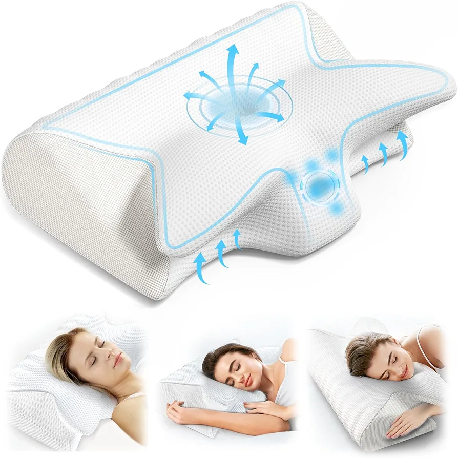 Cervical Neck Pillow for Pain Relief, Adjustable Ergonomic Memory Foam Pillow for Neck and Shoulder Pain, Orthopedic Contour Support Pillows for Side Back & Stomach Sleepers, White