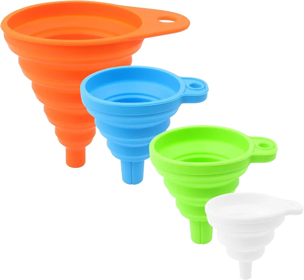 KUFUNG Kitchen Funnel Set 4 Pack - Food Grade Silicone Funnels for Kitchen Use, Filling Bottles - Small Funnel, Space-Saving Design - Easy to Clean and Store