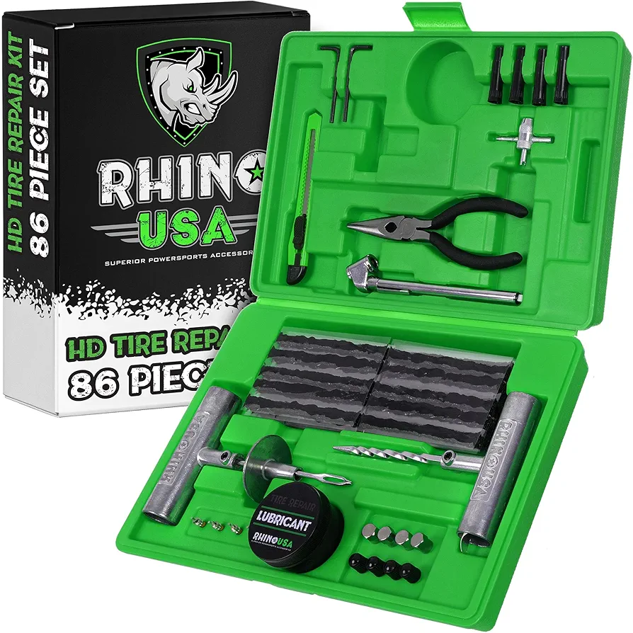 Rhino USA Tire Plug Repair Kit (86-Piece) Fix Punctures & Plug Flats with Ease - Heavy Duty Flat Tire Puncture Repair Kit for Car, Motorcycle, ATV, UTV, RV, Trailer, Tractor, Etc