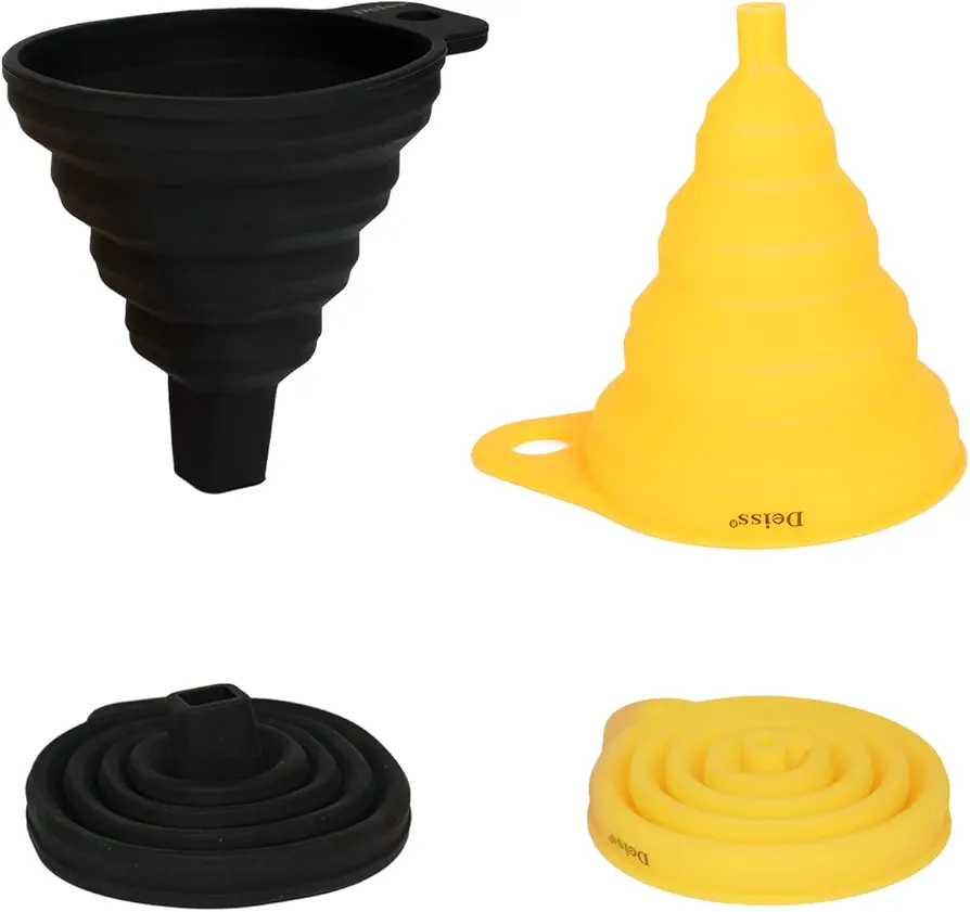 Deiss PRO Silicone Collapsible Funnel Set - Rounded & Squared Foldable Funnels - Food Grade, Dishwasher Safe - Set of 2 (Yellow, Black)