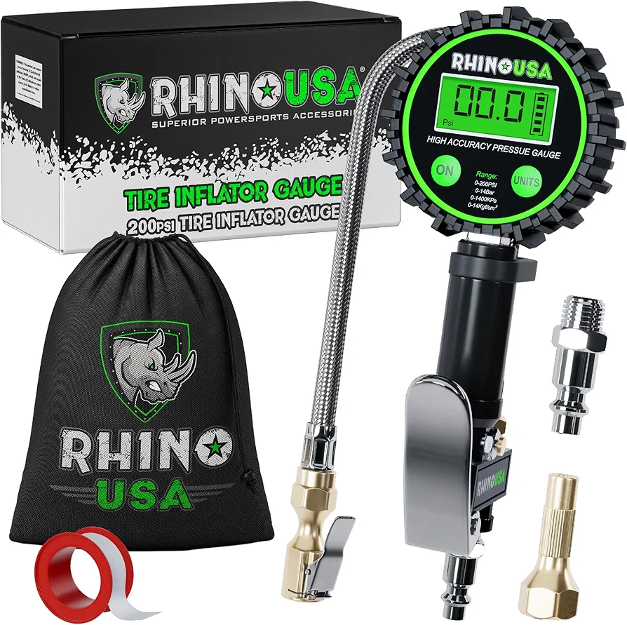 Rhino USA Digital Tire Inflator with Pressure Gauge (0-200 PSI) - ANSI B40.7 Accurate, Large 2" Easy Read Glow Dial, Premium Braided Hose, Solid Brass Hardware, Best for Any Car, Truck, Motorcycle, RV