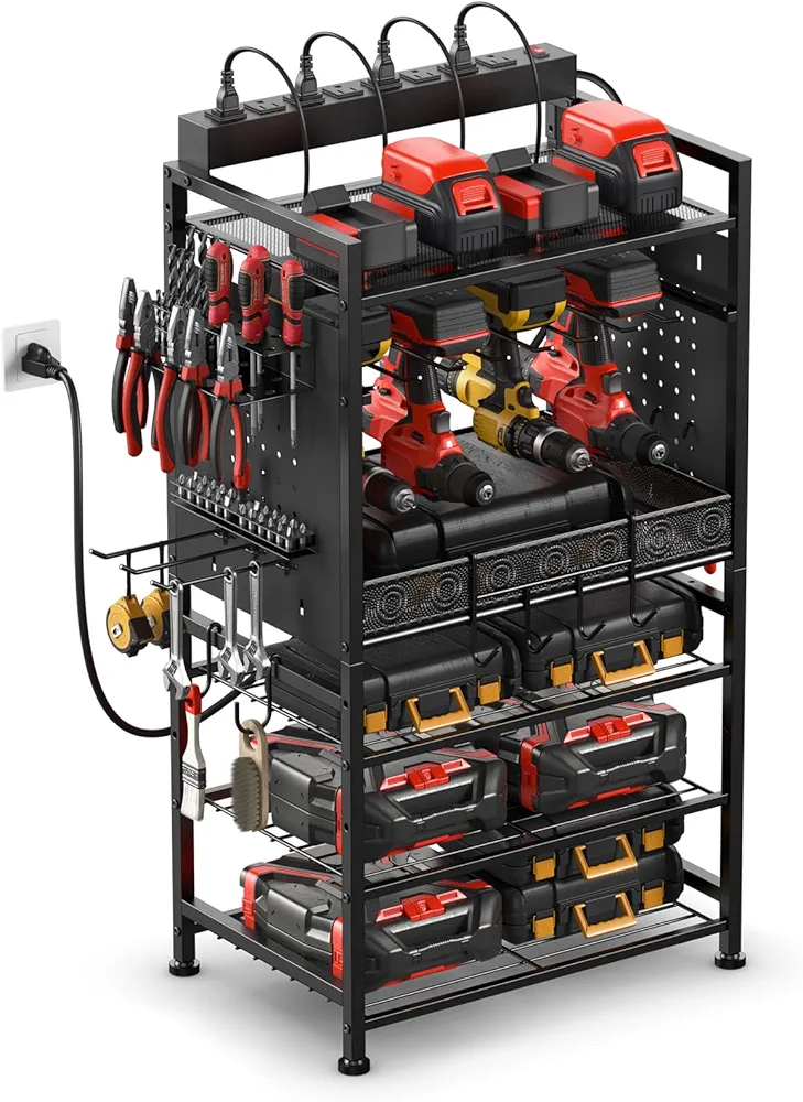 JUNNUJ Power Tool Organizer Floor Stand with Charging Station, Garage Adjustable Storage Rack Utility Tool Shelf with 8 Outlet Power Strip, Heavy Duty Drill and Battery Holder, Black