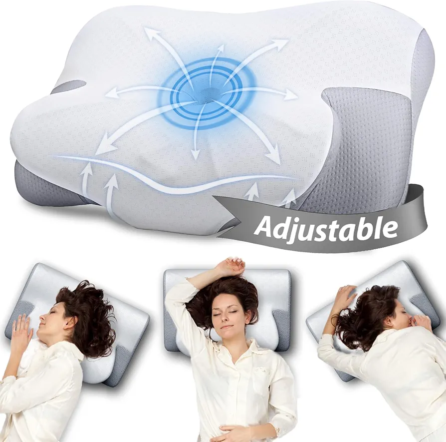 Cervical Neck Pillow for Sleeping, Height 【Adjustable】 Odorless Ergonomic Pillow for Neck, Cooling Orthopedic Contour Memory Foam Cervical Pillows for Back Side Stomach Sleepers with Pillowcase