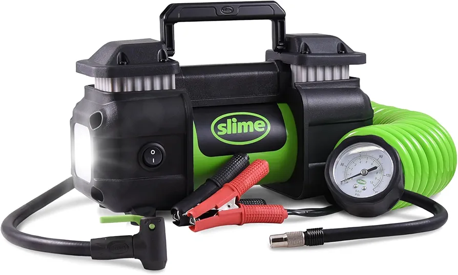 Slime 40026 Tire Inflator, Portable Car, SUV, 4x4 Air Compressor, Heavy Duty, 2x Pro Power, Heavy Duty, with Analog 150 psi Dial Gauge