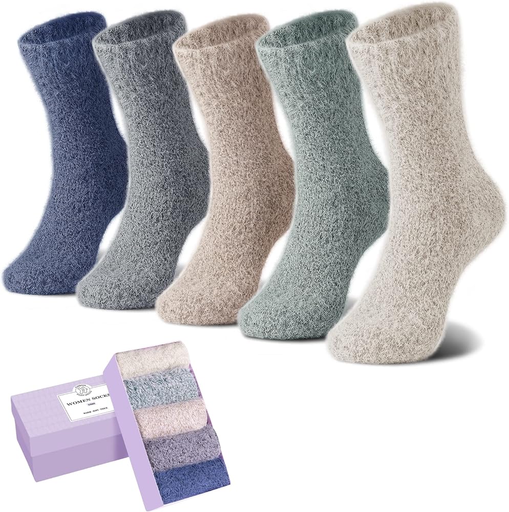 SISOSOCK 5 Pairs Fuzzy Cozy Warm Socks for Women Winter Wool Thick Casual Home Sleeping Soft Comfy Socks Gifts for Women