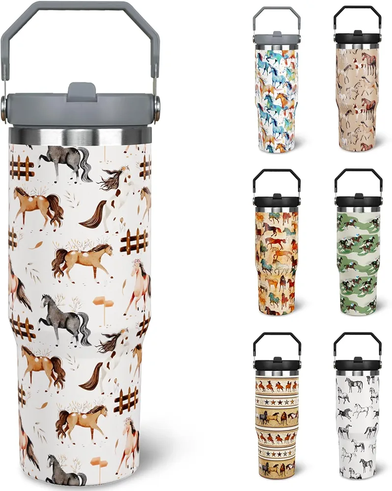 30 oz Horse Tumbler With Handle and Straw, 30oz Horse Flip Straw Tumbler Insulated Coffee Travel Mugs Cup Water Bottle Horse Gifts for Horse Lovers Women Girls