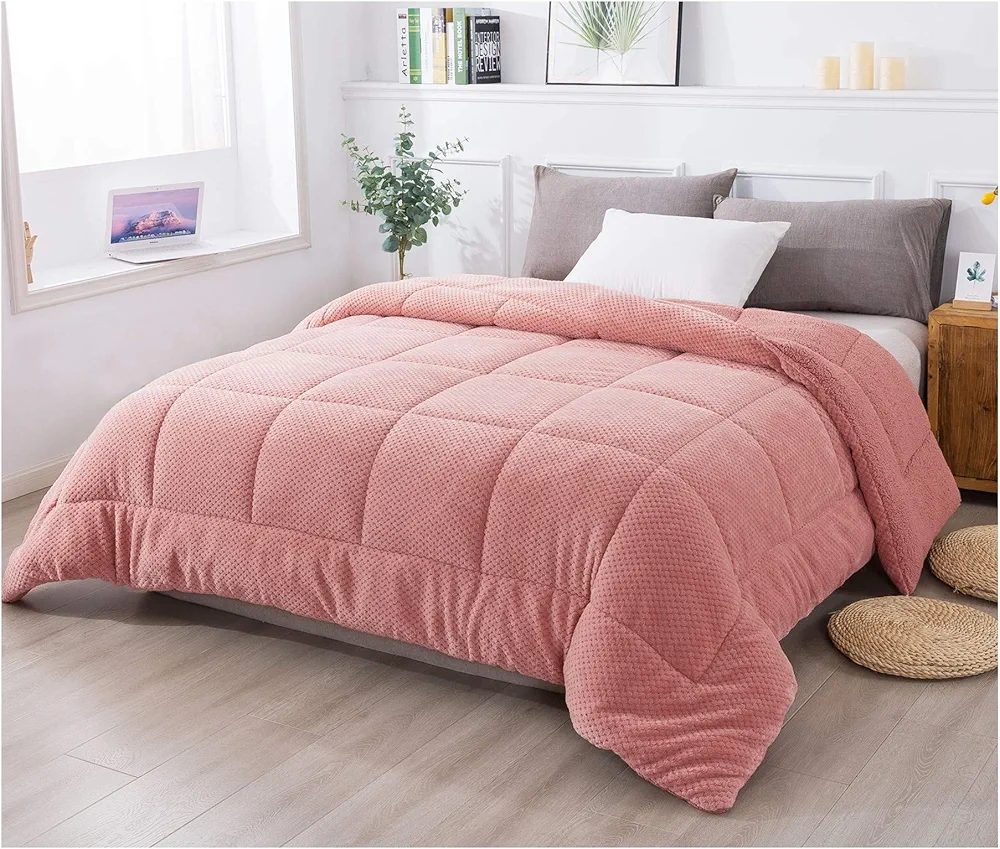 KASENTEX Super Ultra Soft Luxury Plush Sherpa Comforter, Cozy Reversible Fleece - Goose Down Alternative Fill, Machine Washable Bedding, Sunset Rose Pink, Queen Size