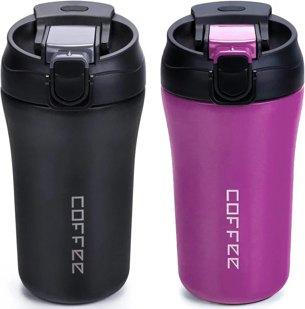 Travel Coffee Mug, 2 Pack 14 oz Vacuum Insulated Coffee Travel Mug Spill Proof with Lid and Straw, Reusable Coffee Tumbler for Keep Hot/Ice Coffee,Tea and Beer, Car Thermos Cup Gift