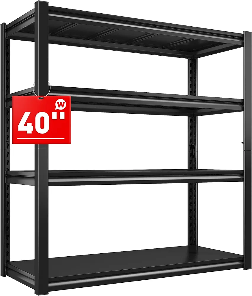 Raybee 40" W Garage Shelving Wide Storage Shelves 4 Tier Metal Shelves for Storage Load 1600LBS Adjustable Heavy Duty Shelving Sturdy Metal Shelving for Pantry Kitchen 40" W x 19.1" D x 56.9" H