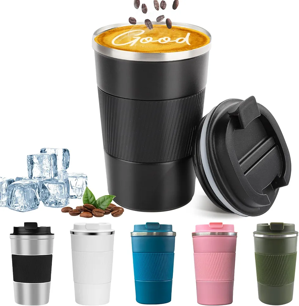 YINBAOGE Insulated Travel Coffee Mug Spill Proof Leak Proof Pobtable To Go Camping Stainless Steel Coffee Tumbler Reusable Coffee Cups with Lids Thermos for Hot and Cold Drink (Black, 12 OZ)